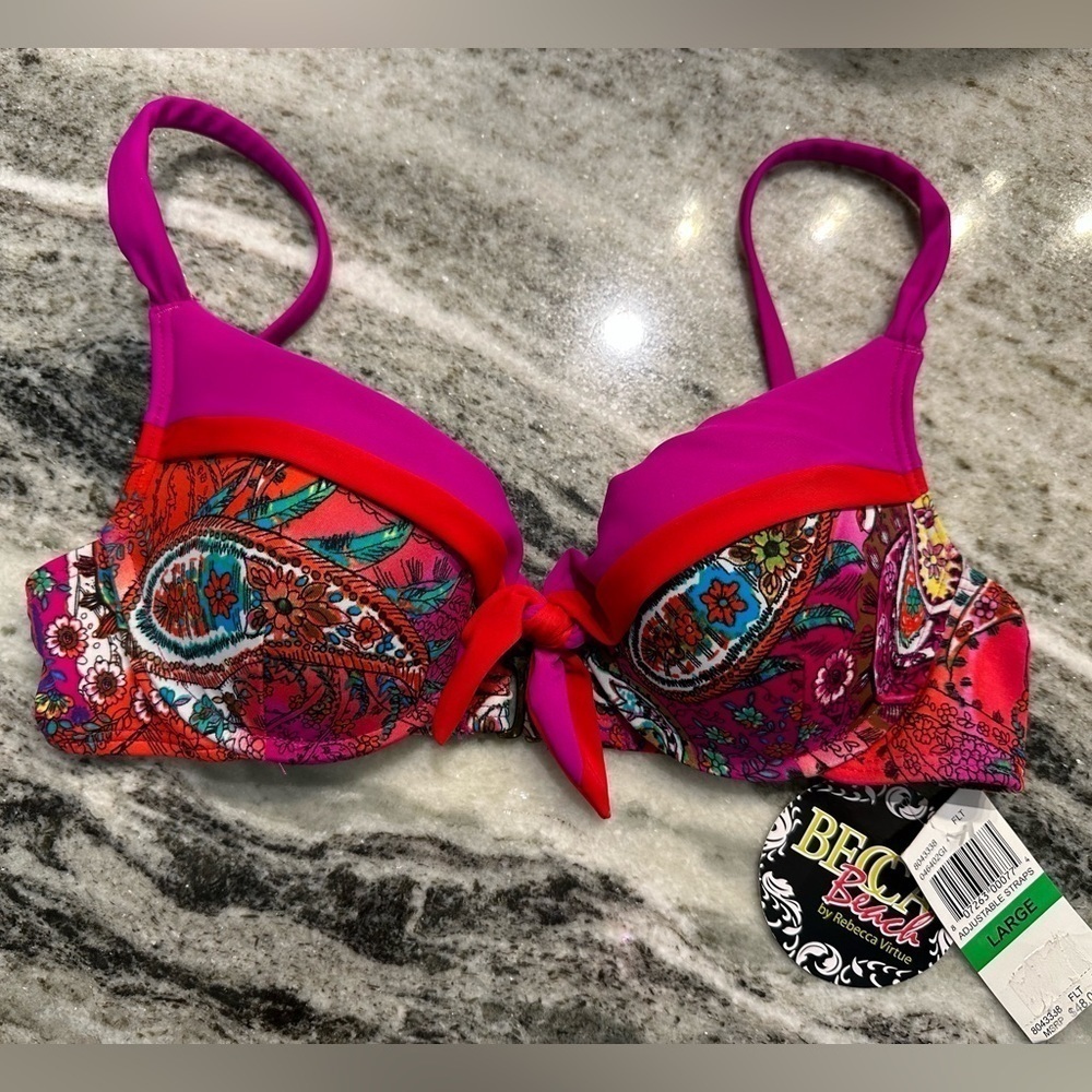 BECCA by Rebecca Virtue Fuchsia Red Pink Paisley Floral Bikini swim top NWT Sz L